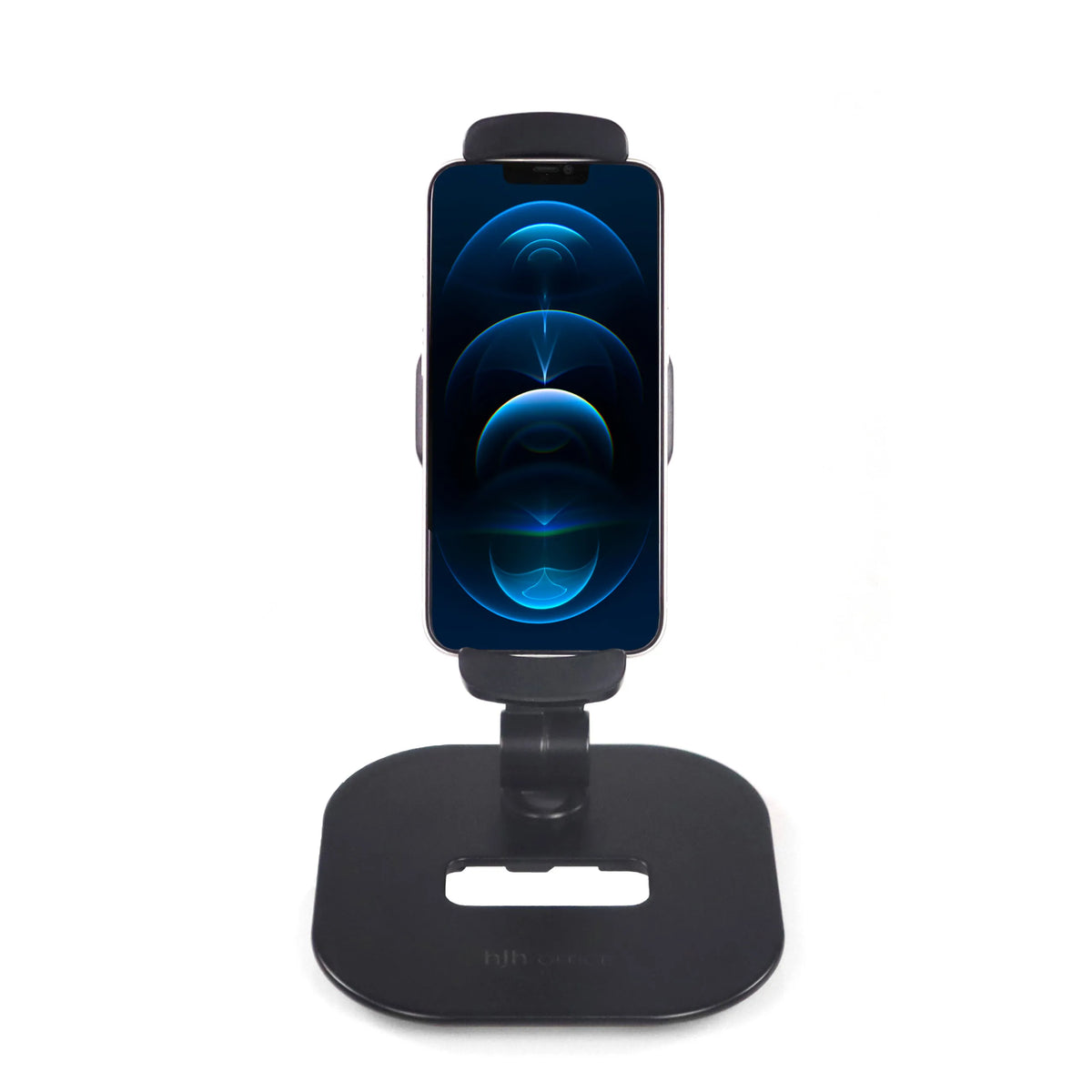 Schwarze Handy- und Tablethalterung FLEXMOBI IV mit Standfuß und Halteklemme von hjh OFFICE – 360-Grad-Ansicht (Frontansicht 0°)