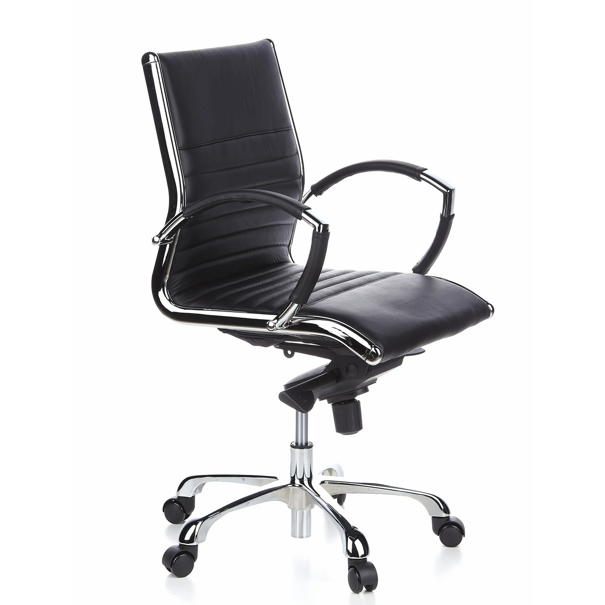 Sillón de oficina profesional PARMA 10 negro con costura transversal y base brillante de cinco ruedas de hjh OFFICE – vista de 360° (vista frontal en diagonal 60°)
