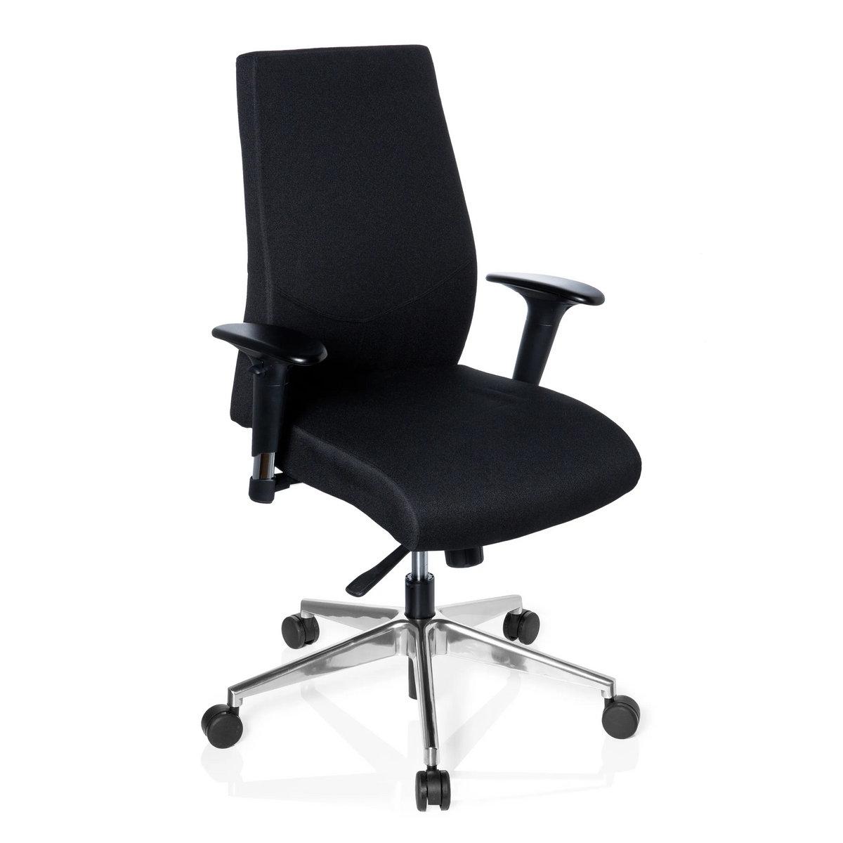 Silla de oficina profesional PRO-TEC 250 negra con reposabrazos y base de cinco ruedas de hjh OFFICE – vista de 360° (vista frontal en diagonal 40°)
