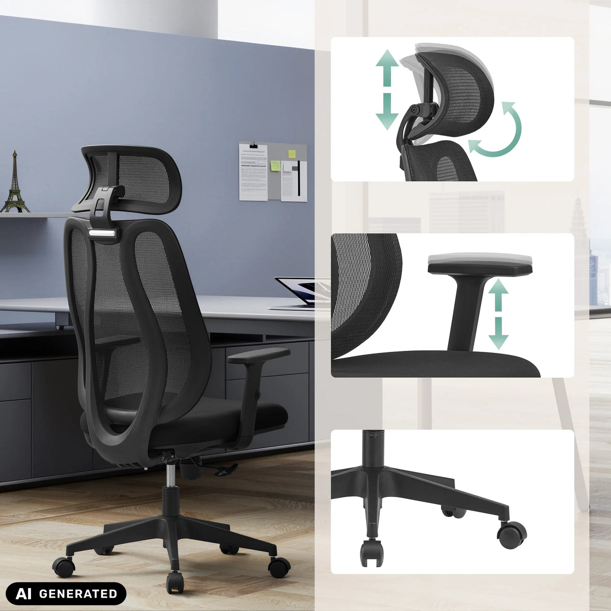Reposacabezas, reposabrazos y base en estrella ajustables de la silla de oficina profesional Filaro en negro de hjh OFFICE (imagen generada por IA)