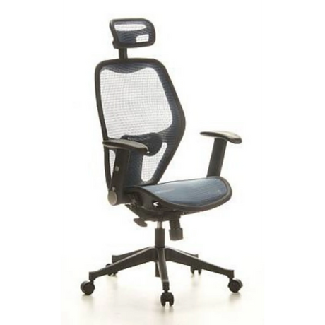Silla de oficina profesional AIR-PORT con malla azul, reposacabezas y reposabrazos de hjh OFFICE