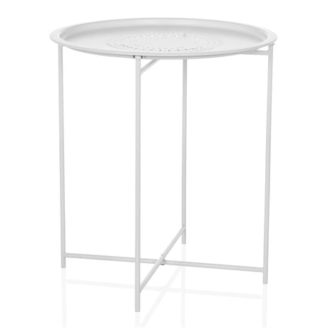 Mesa auxiliar ALLRUND blanca de metal con tablero redondo y patrón de perforaciones de hjh LIVING