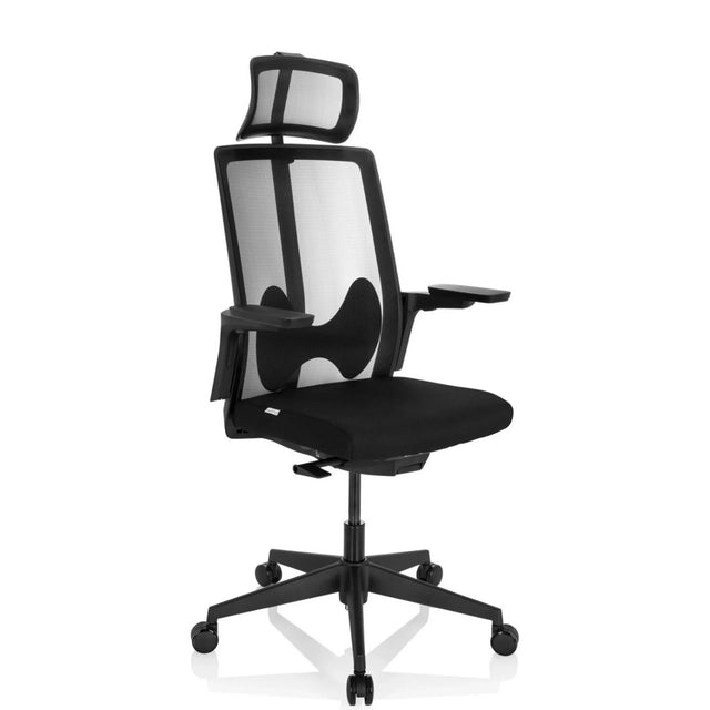 Silla de oficina profesional ARCEO B negra con respaldo de malla, reposacabezas y reposabrazos de hjh OFFICE