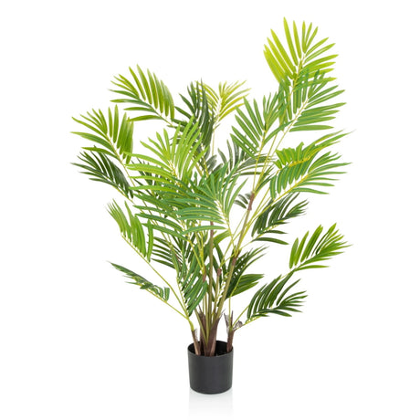Planta artificial verde ARECA I con hojas en forma de abanico en una maceta negra de hjh OFFICE
