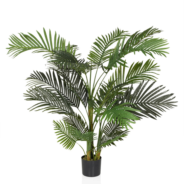 Planta artificial verde ARECA II con hojas similares a las de una palmera en una maceta negra de hjh OFFICE