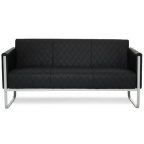 Sofá de diseño ARUBA STEP negro de tres plazas con costuras de diamante y estructura metálica plateada de hjh OFFICE