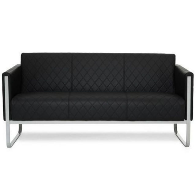 Sofá de diseño ARUBA STEP negro de tres plazas con costuras de diamante y estructura metálica plateada de hjh OFFICE