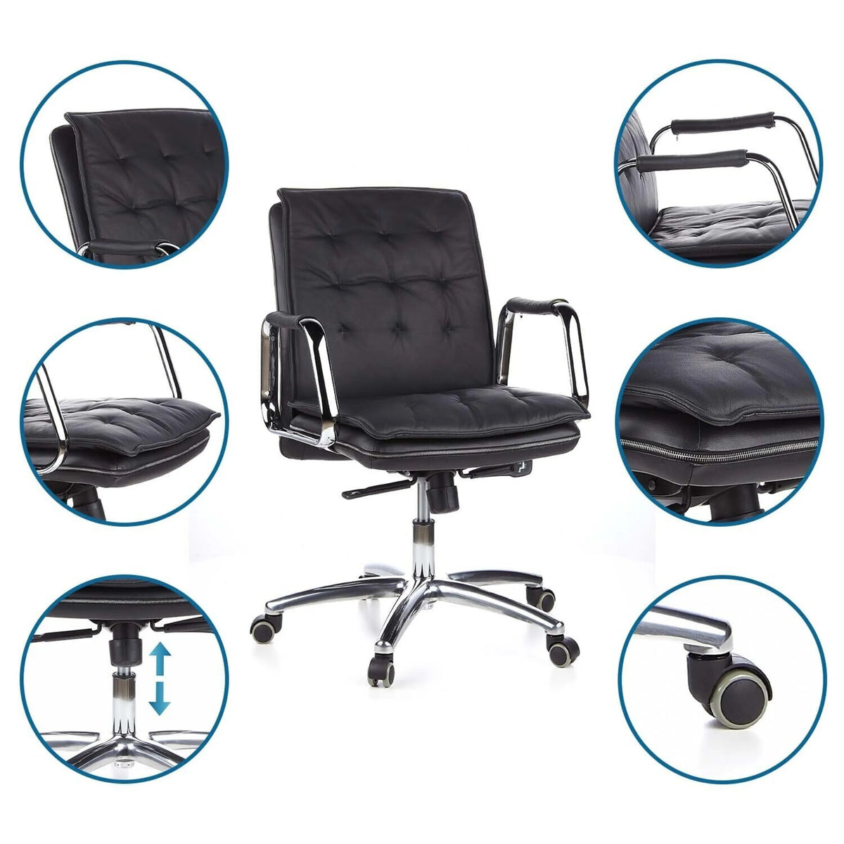 Sillón de oficina profesional VILLA 10 en negro con vistas detalladas del reposabrazos, el pistón de gas y las ruedas de hjh OFFICE