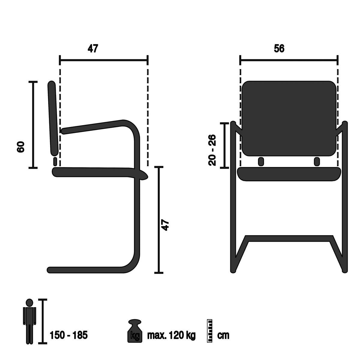 Dibujo técnico de la viga voladiza CAPTIVO PRO V con un ancho de 56 cm de hjh OFFICE