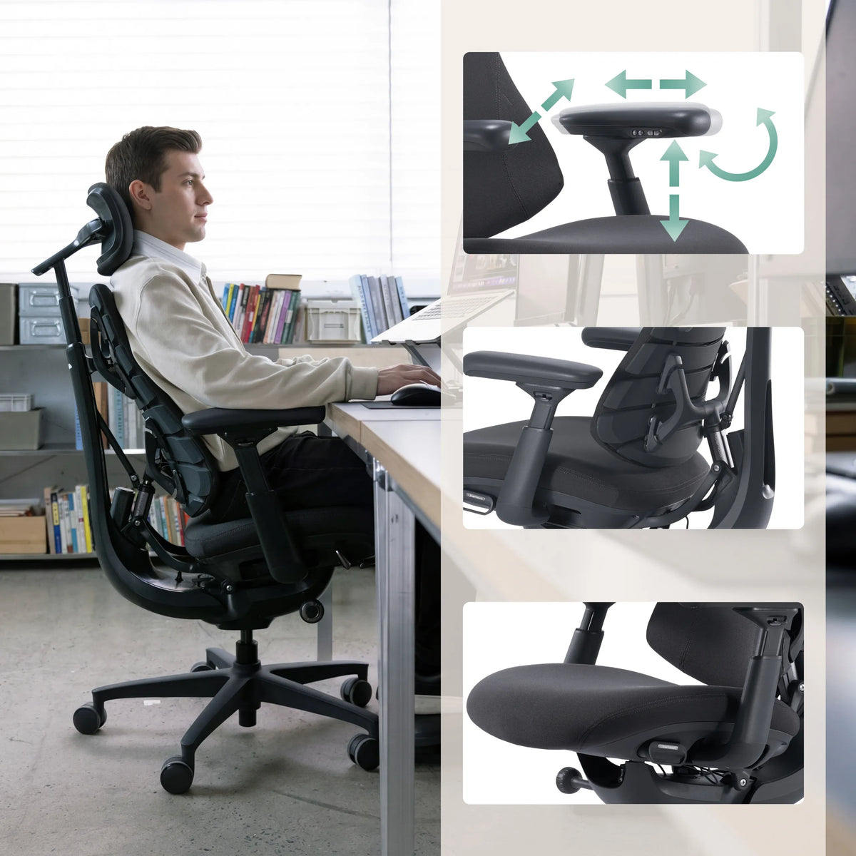Reposabrazos y mecanismo de asiento ajustables de la Silla alta gama LiberNovo Omni Pro de Libernovo