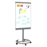 Pizarra blanca MULTIBOARD en color plata con superficie escribible sobre una estructura con ruedas de hjh OFFICE