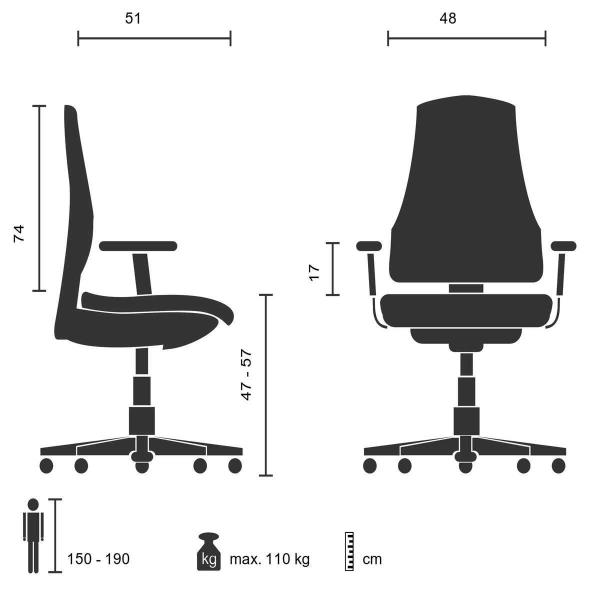 Dibujo técnico de la Silla Home Office SARANTO PLUS I con un ancho de 48 cm de hjh OFFICE