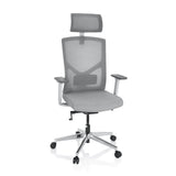 Silla de oficina profesional BRETON PRO W en color gris con respaldo de malla, reposacabezas y base de cinco ruedas de hjh OFFICE – vista de 360° (vista frontal 20°)