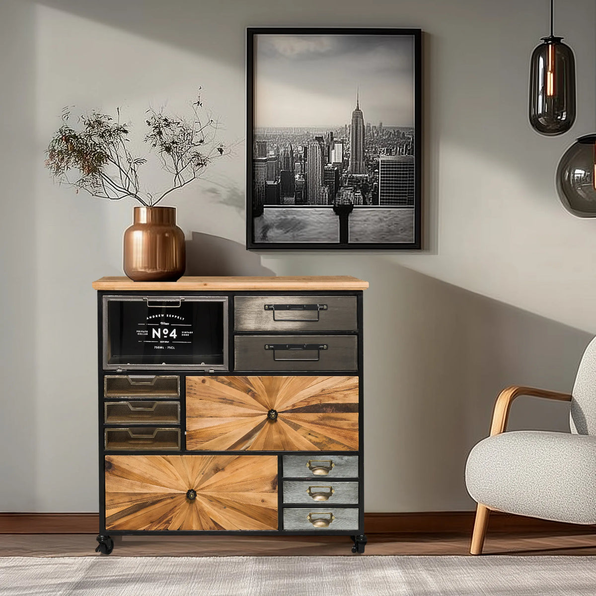 aparador CONTINENTO XL en colores de madera oscura con detalles metálicos y ruedas de hjh LIVING