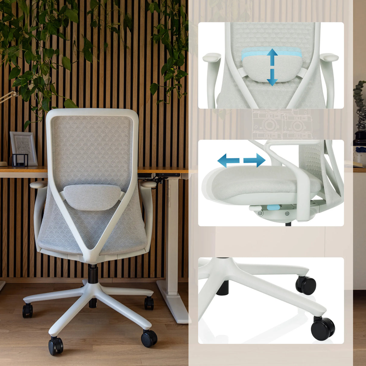 Silla alta gama VERVIO en gris claro con soporte lumbar ajustable en altura y ruedas de hjh OFFICE