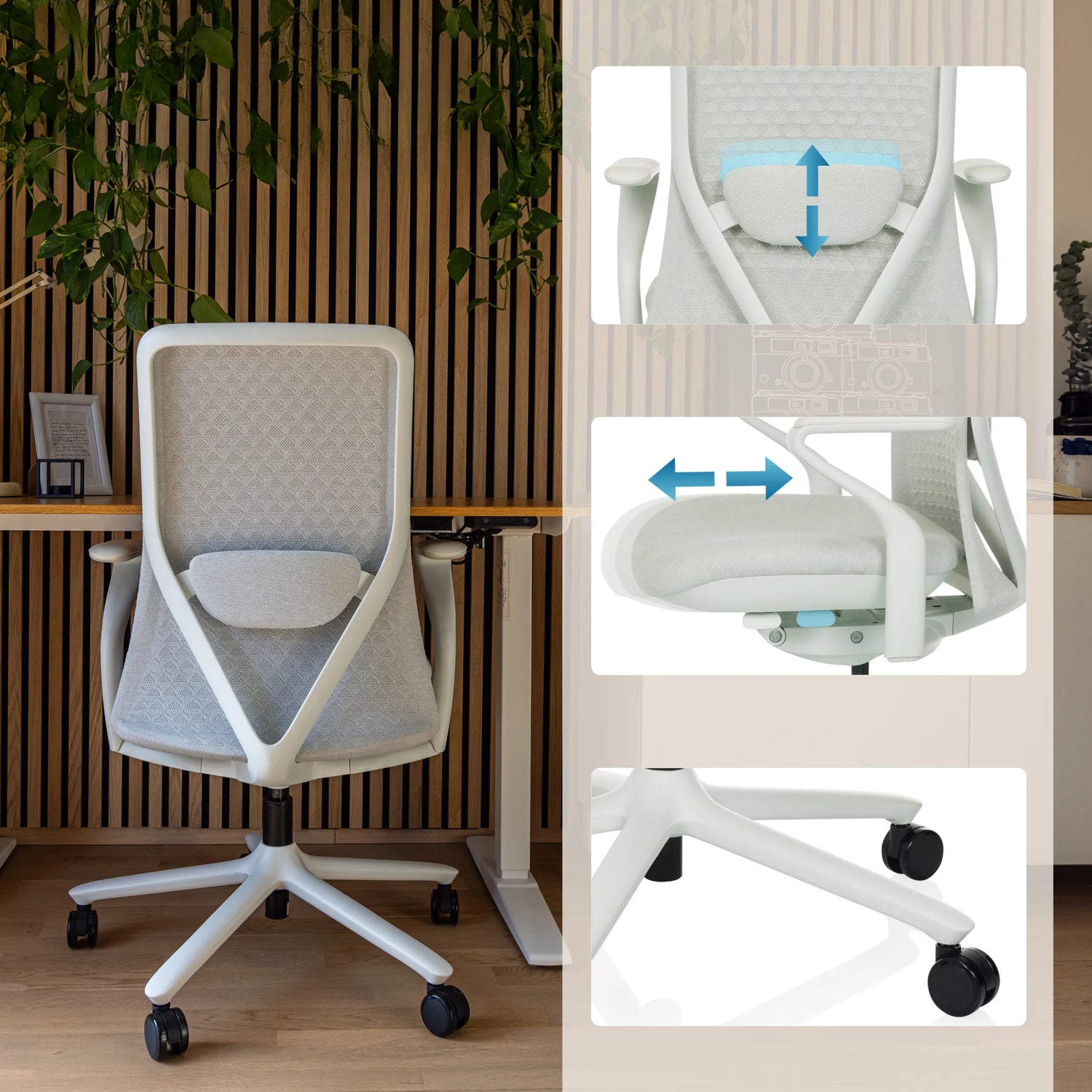 Silla alta gama VERVIO en gris claro con soporte lumbar ajustable en altura y ruedas de hjh OFFICE