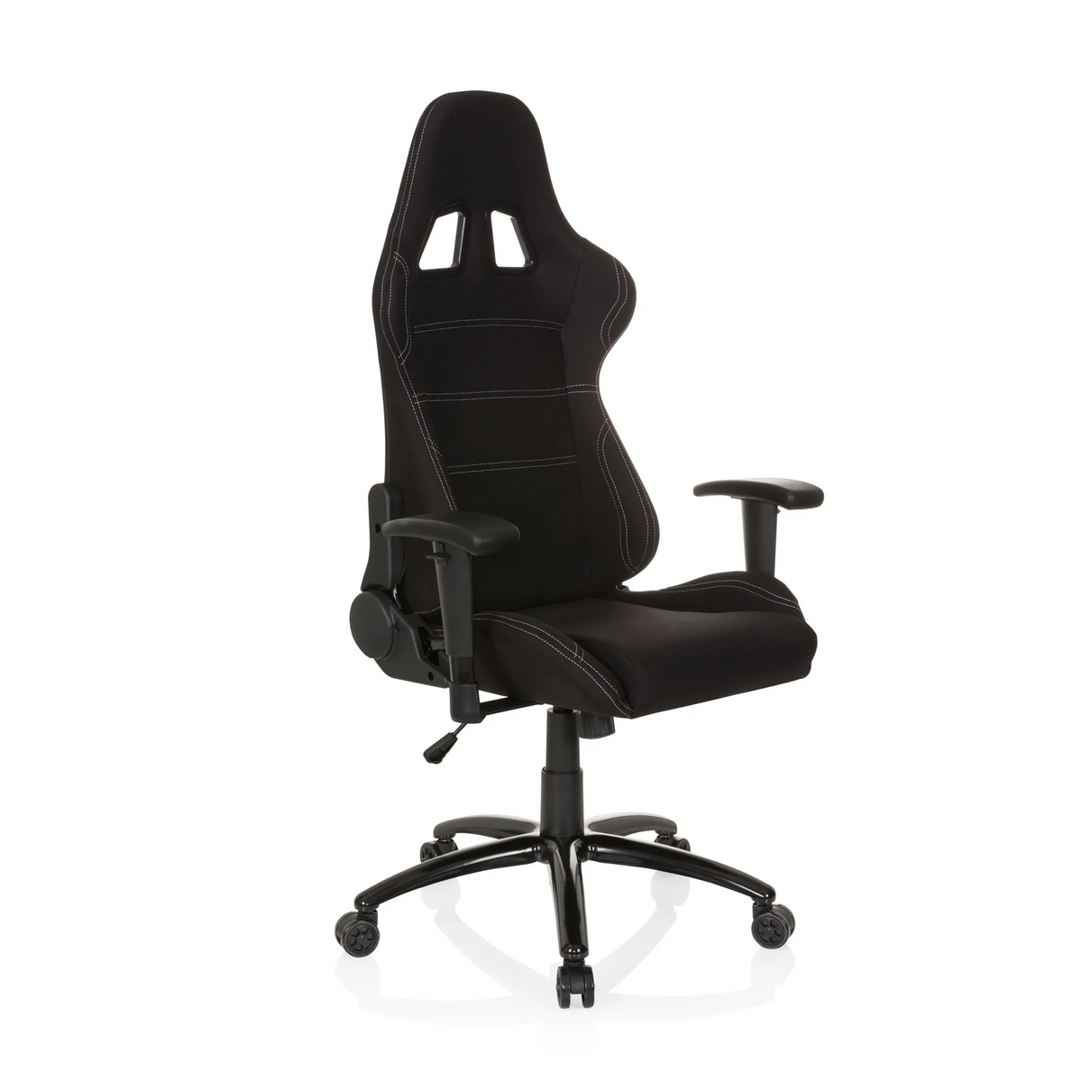Silla gaming negra GAME FORCE con reposacabezas, reposabrazos y base de cinco ruedas de hjh OFFICE – vista de 360° (vista frontal en diagonal 40°)