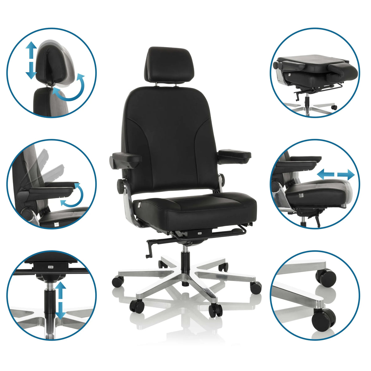 Silla giratoria XXL 24 HOURS F en cuero negro con diversas opciones de ajuste de hjh OFFICE