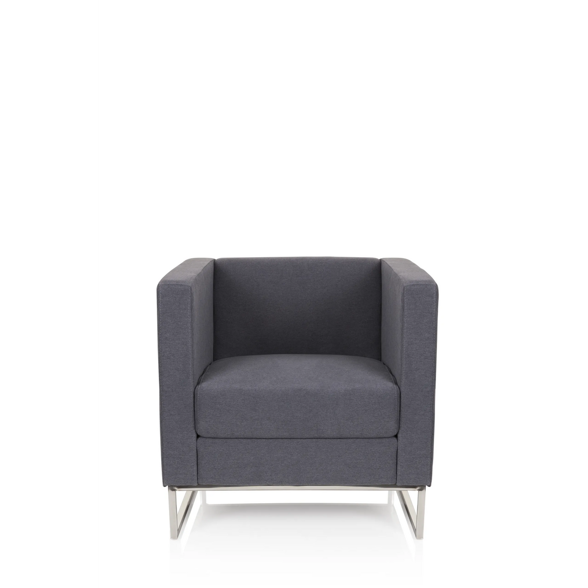 Sillón tapizado BARBADOS gris oscuro con diseño cuadrado y estructura metálica de hjh OFFICE – vista de 360° (vista frontal 0°)