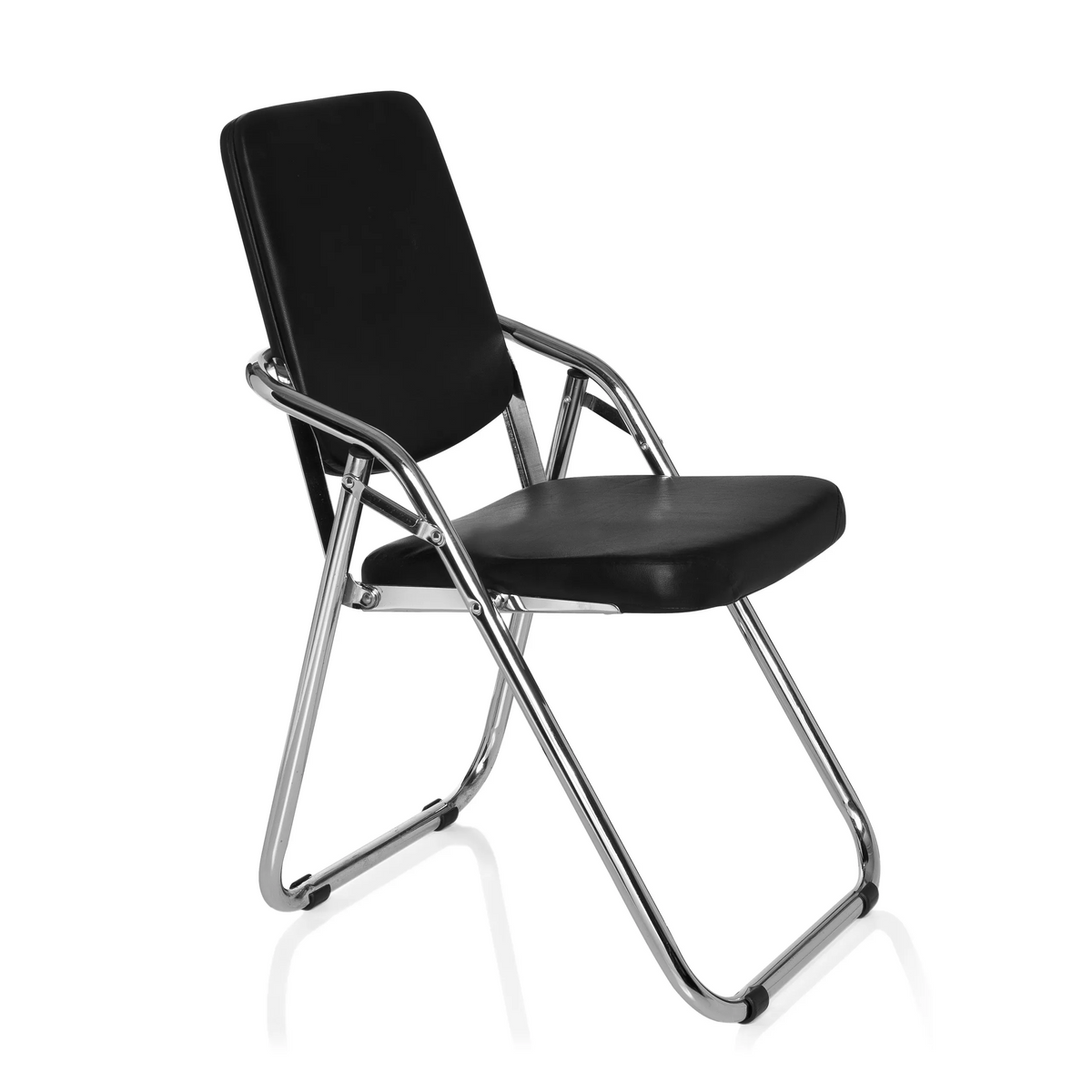 silla plegable ESTO negra con tapicería de cuero sintético y estructura de cromo de hjh OFFICE – vista de 360° (vista frontal en diagonal 60°)