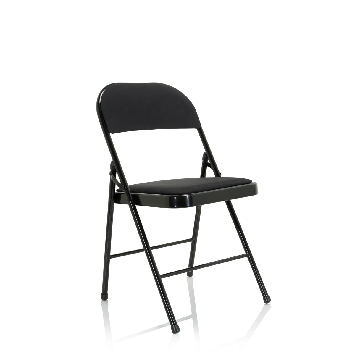 Silla plegable TUDELA II negra con tapicería de tela de hjh OFFICE – vista de 360° (vista frontal en diagonal 40°)