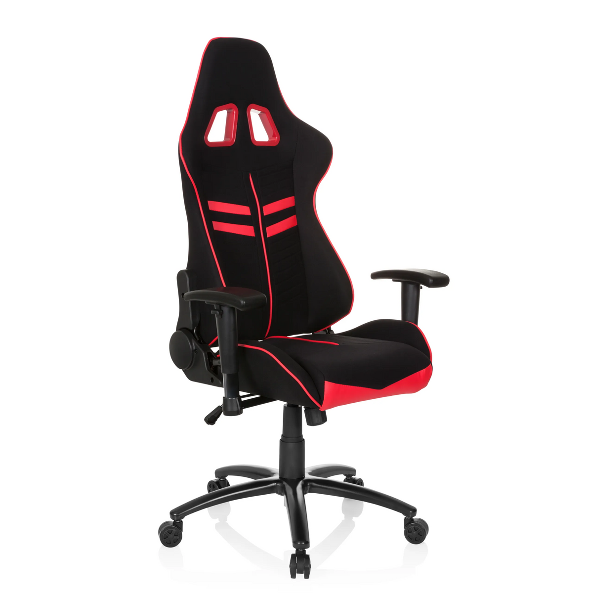 Silla gaming LEAGUE PRO I en negro y rojo con dos aberturas para el reposacabezas y base de cinco ruedas de hjh OFFICE – vista de 360° (vista frontal en diagonal 40°)