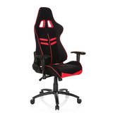 Silla gaming LEAGUE PRO I en negro y rojo con dos aberturas para el reposacabezas y base de cinco ruedas de hjh OFFICE – vista de 360° (vista frontal en diagonal 40°)