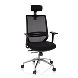 Silla de oficina profesional PROFONDO PRO negra con respaldo de malla, reposacabezas y base de cinco ruedas de hjh OFFICE – vista de 360° (vista frontal 20°)