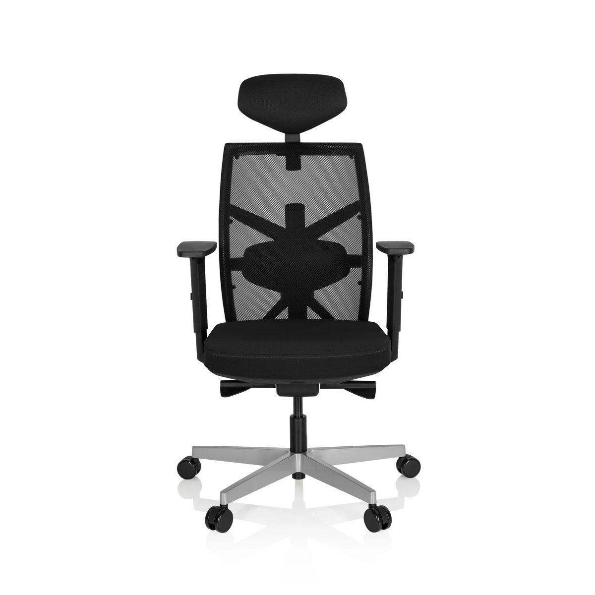 Silla de oficina profesional BELLAC negra con respaldo de malla, reposacabezas y base de cinco ruedas de hjh OFFICE – vista de 360° (vista frontal 0°)