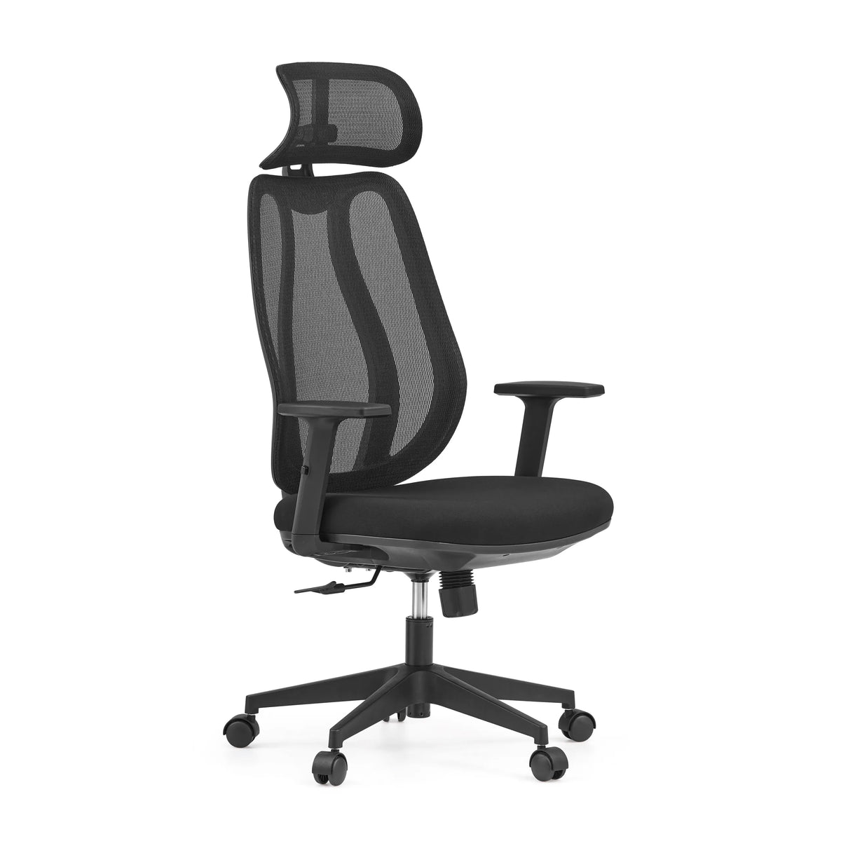 Silla de oficina profesional Filaro en color negro con respaldo de malla, reposacabezas y base de cinco ruedas de hjh OFFICE – vista de 360° (vista frontal en diagonal 45°)