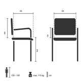 Dibujo técnico de la silla de confidente BORNE con una altura del asiento de 44 cm de hjh OFFICE