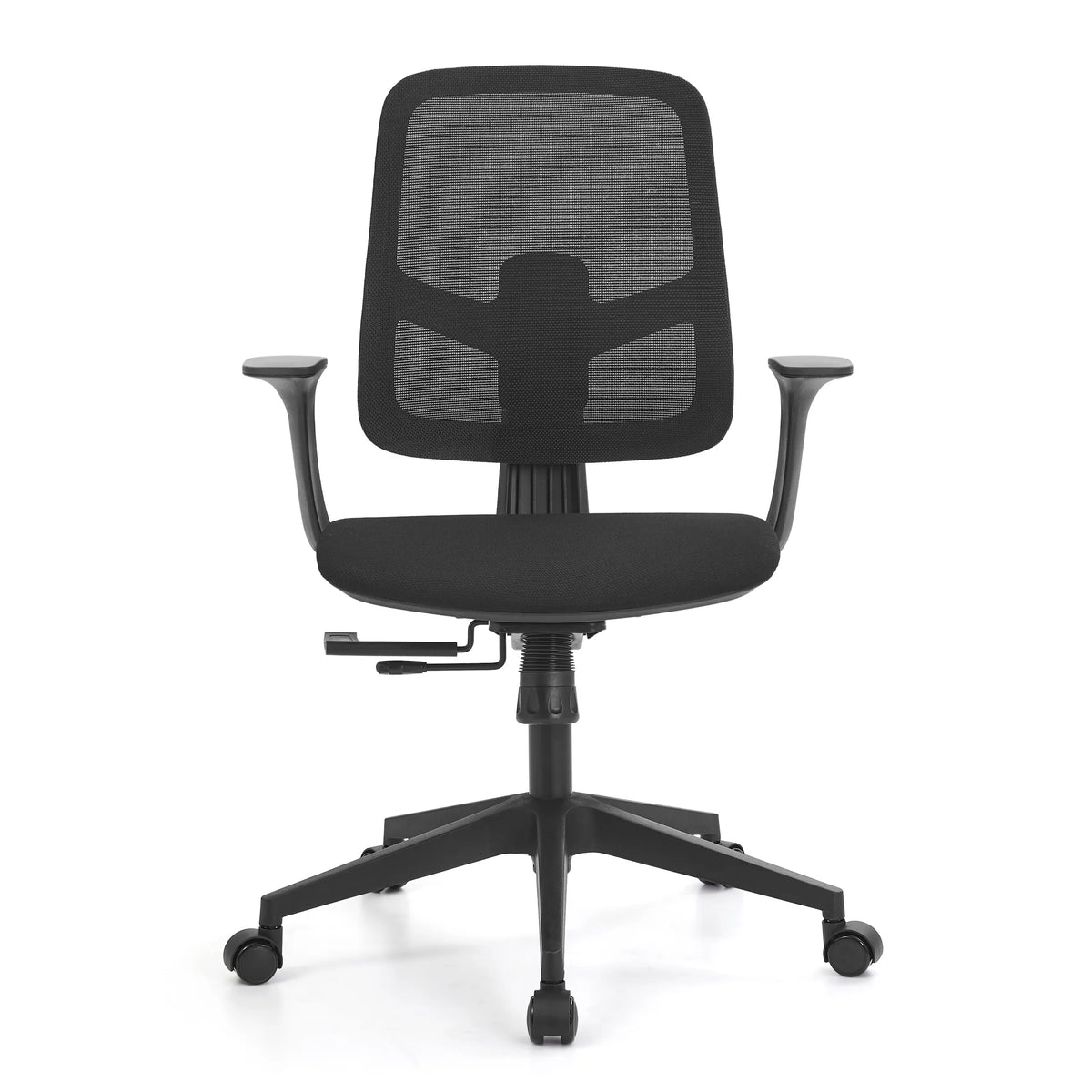Silla Home Office Malio negra con respaldo de malla y base de cinco ruedas de hjh OFFICE – vista de 360° (vista frontal 0°)
