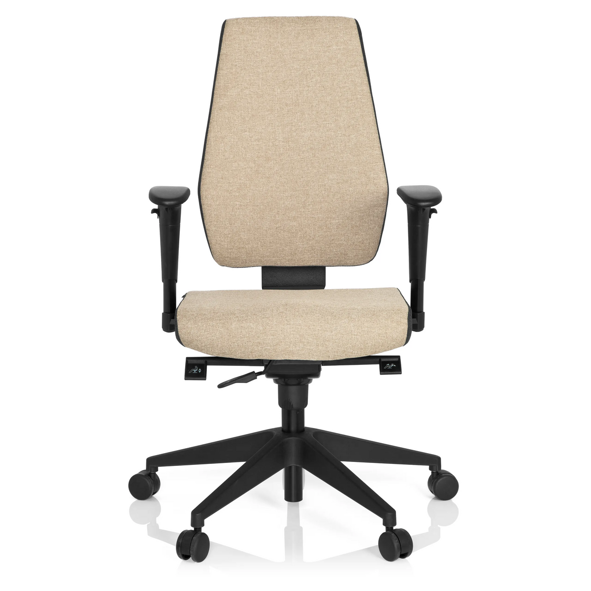 Silla de oficina profesional PRO-TEC 500 beige con reposabrazos y base negra de cinco ruedas de hjh OFFICE – vista de 360° (vista frontal 0°)