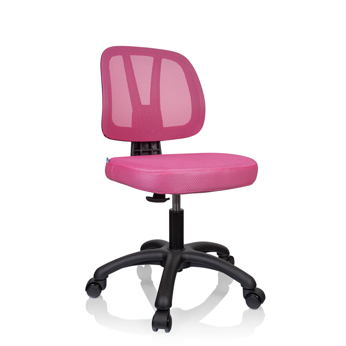 Silla giratoria para niños KID YU 200 rosa con respaldo de malla y base negra de cinco ruedas de hjh OFFICE – vista de 360° (vista frontal en diagonal 30°)