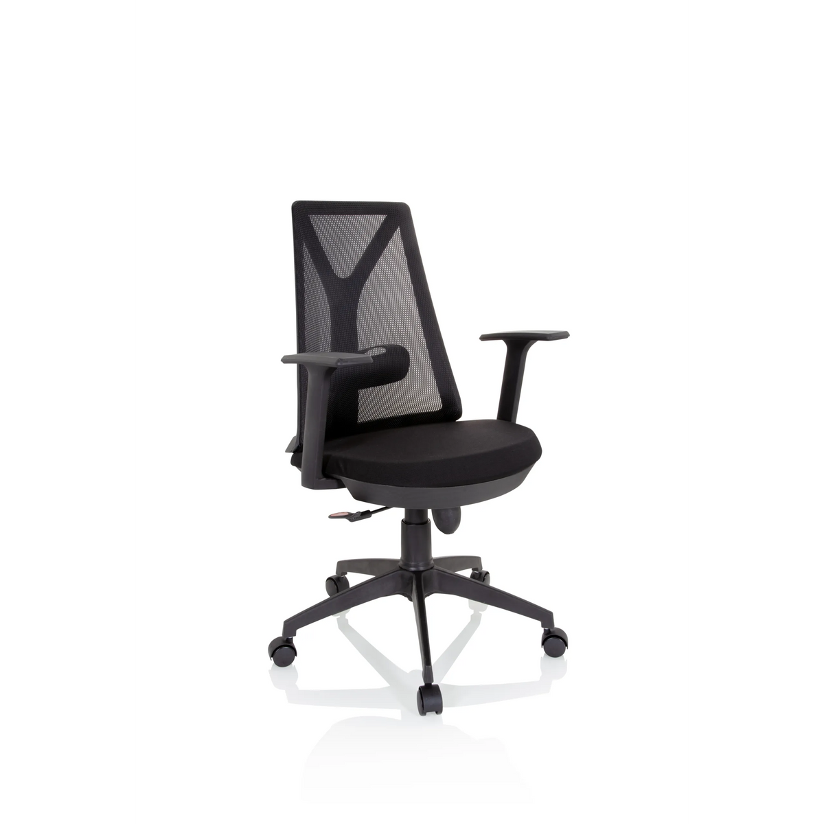 Silla Home Office FALUN BASIC negra con respaldo de malla y base de cinco ruedas de hjh OFFICE – vista de 360° (vista frontal en diagonal 40°)