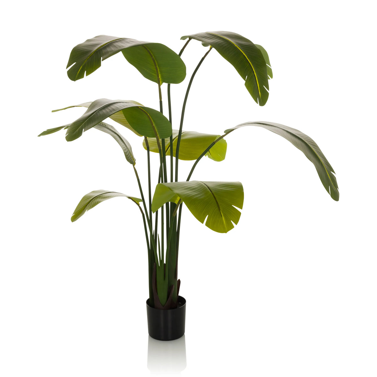 Planta artificial verde BANANE con hojas grandes en una maceta negra de hjh OFFICE – vista de 360° (vista frontal 0°)