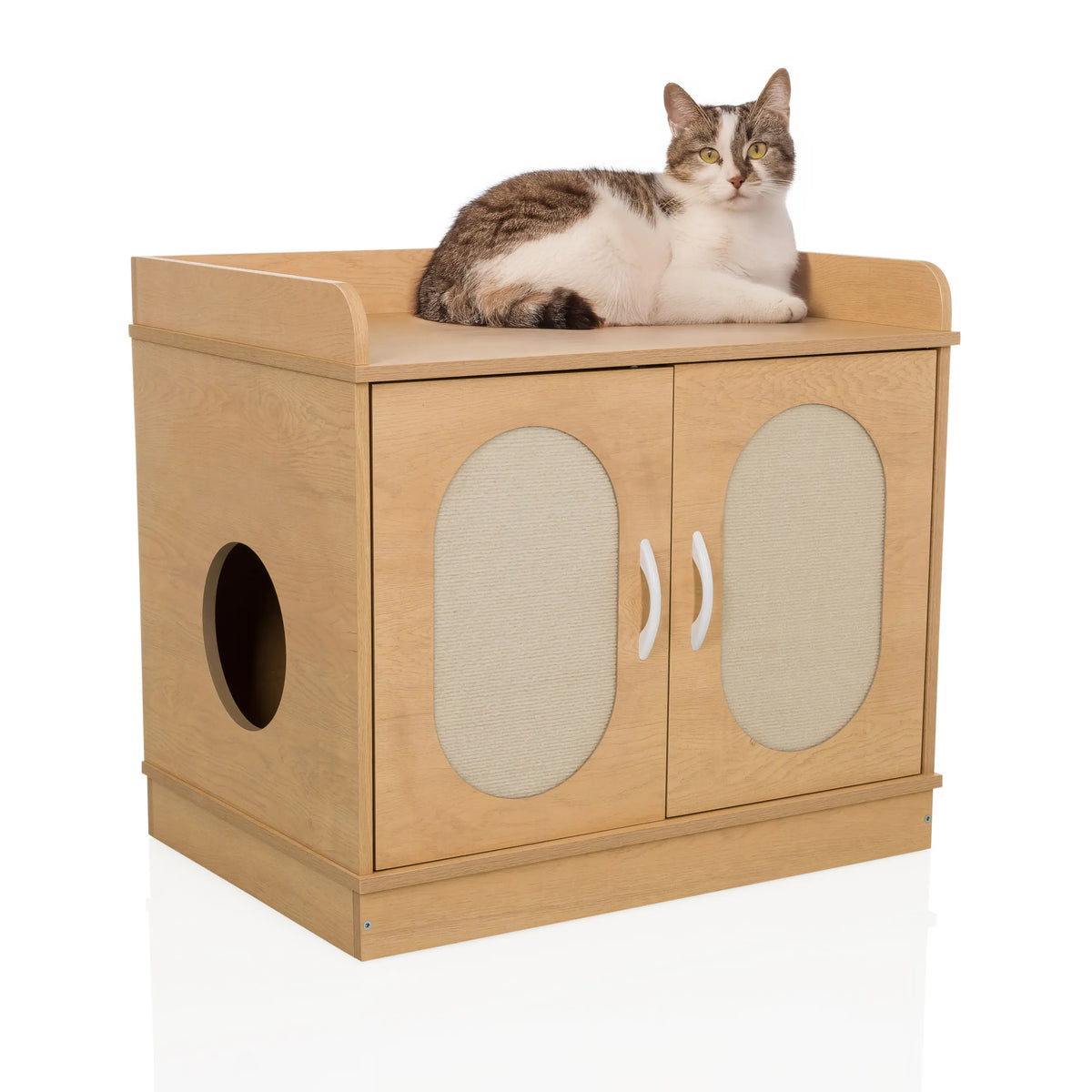 Casa para gatos KITTYHOME 2 en aspecto de haya con dos puertas, entrada lateral y un gato sobre la superficie de hjh LIVING