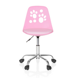 Silla giratoria para niños FANCY I rosa con motivos de huellas en el respaldo y base de cinco ruedas de hjh OFFICE – vista de 360° (vista frontal 0°)