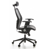 Silla de oficina profesional AIR-PORT negra con respaldo de malla, asiento de cuero y base de cinco ruedas de hjh OFFICE – vista de 360° (vista lateral 80°)