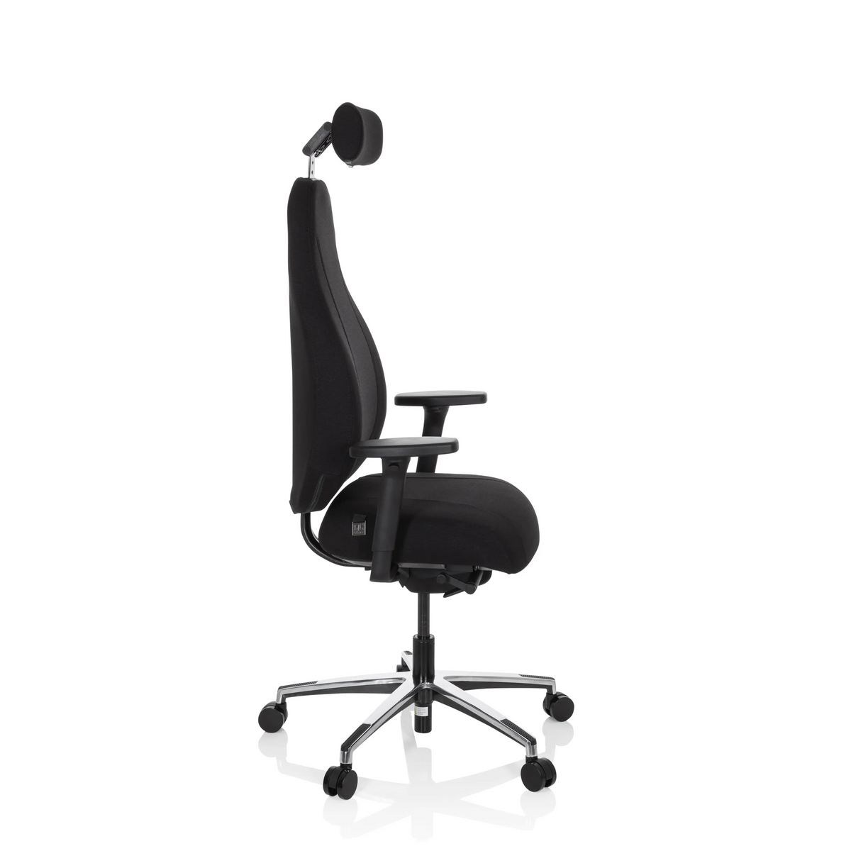 Silla alta gama RESISTIO negra con reposacabezas y base de cinco ruedas de hjh OFFICE – vista de 360° (vista lateral 80°)