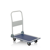 Blau-weißer Plattformwagen CARRY mit klappbarem Griff und vier Rollen von hjh OFFICE – 360-Grad-Ansicht (Frontansicht 20°)