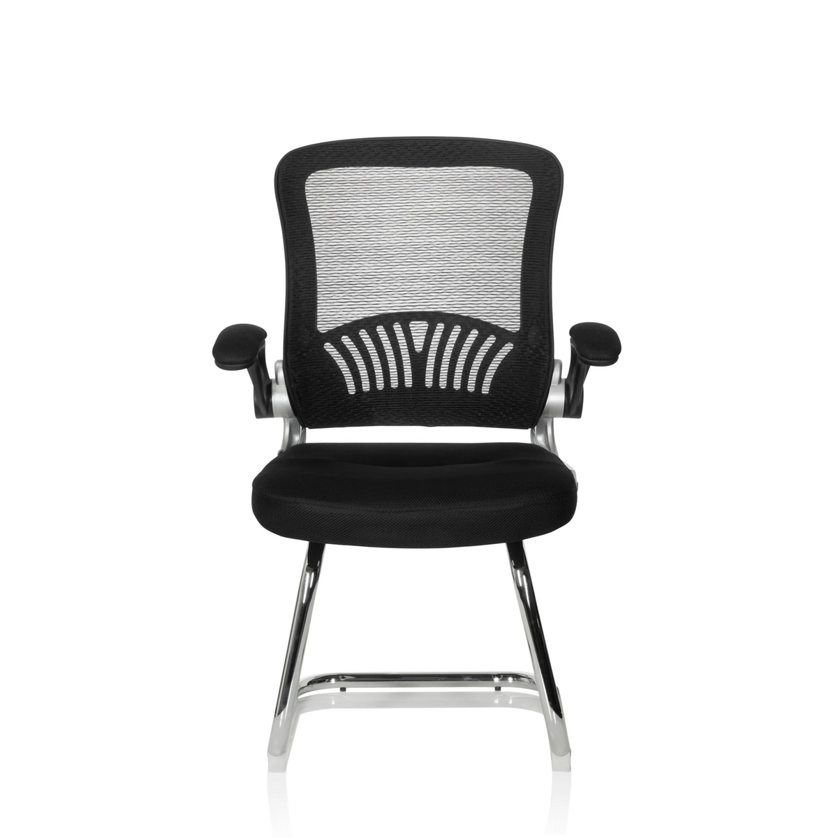 Silla de viga voladiza FLYER PRO V negra con respaldo de malla, reposabrazos y estructura de patines de hjh OFFICE – vista de 360° (vista frontal 0°)