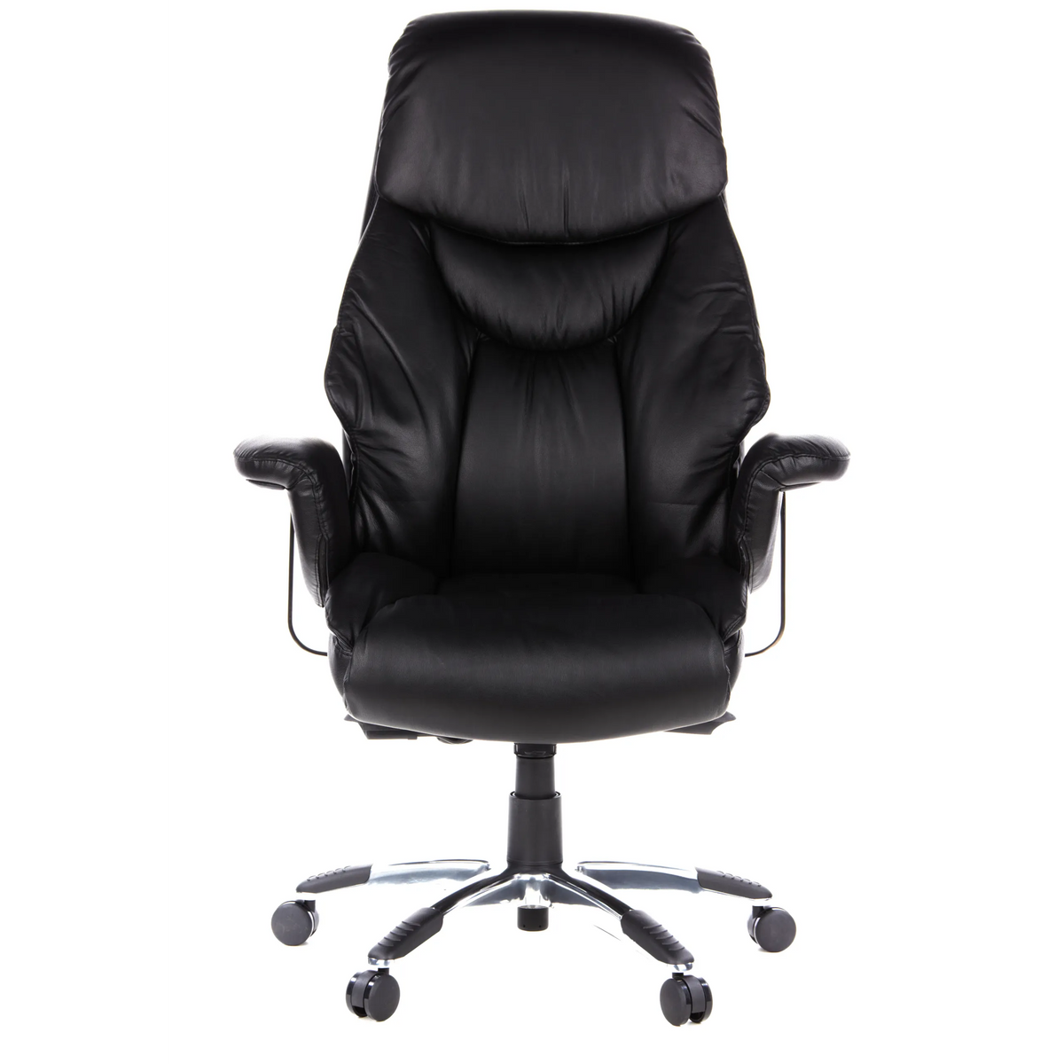 Sillón de alta gama PRADO negro de cuero con reposabrazos y base de cinco ruedas de hjh OFFICE – vista de 360° (vista frontal 0°)