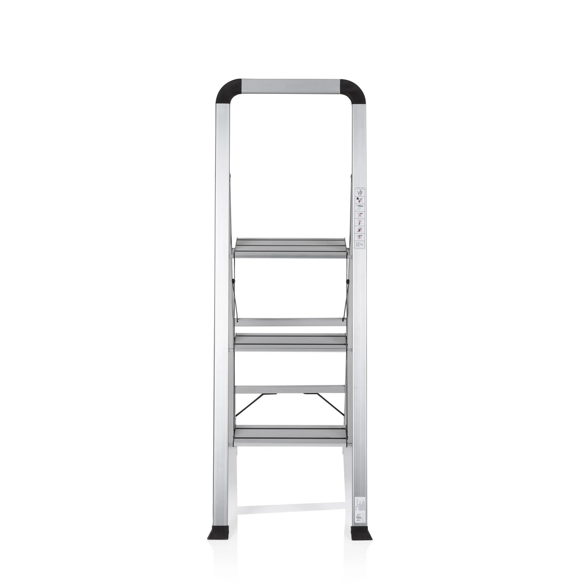 Escalera plegable SOLID V de aluminio plateada con tres peldaños y asa de hjh OFFICE – vista de 360° (vista frontal 0°)