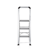Escalera plegable SOLID V de aluminio plateada con tres peldaños y asa de hjh OFFICE – vista de 360° (vista frontal 0°)