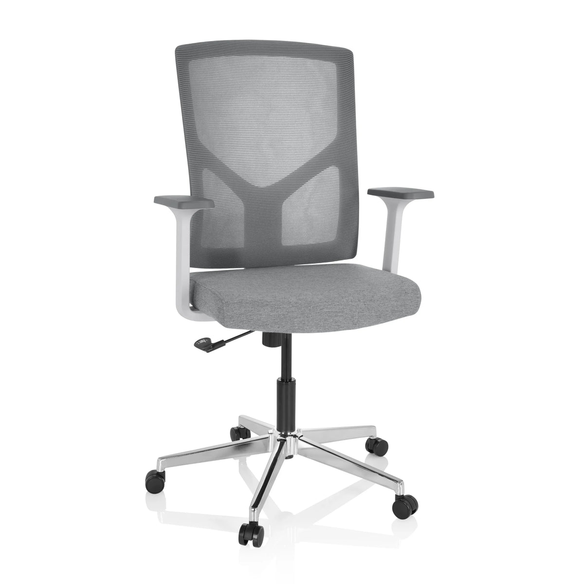 Silla Home Office BRETON BASE W gris con respaldo de malla y base de cinco ruedas de hjh OFFICE – vista de 360° (vista frontal 20°)