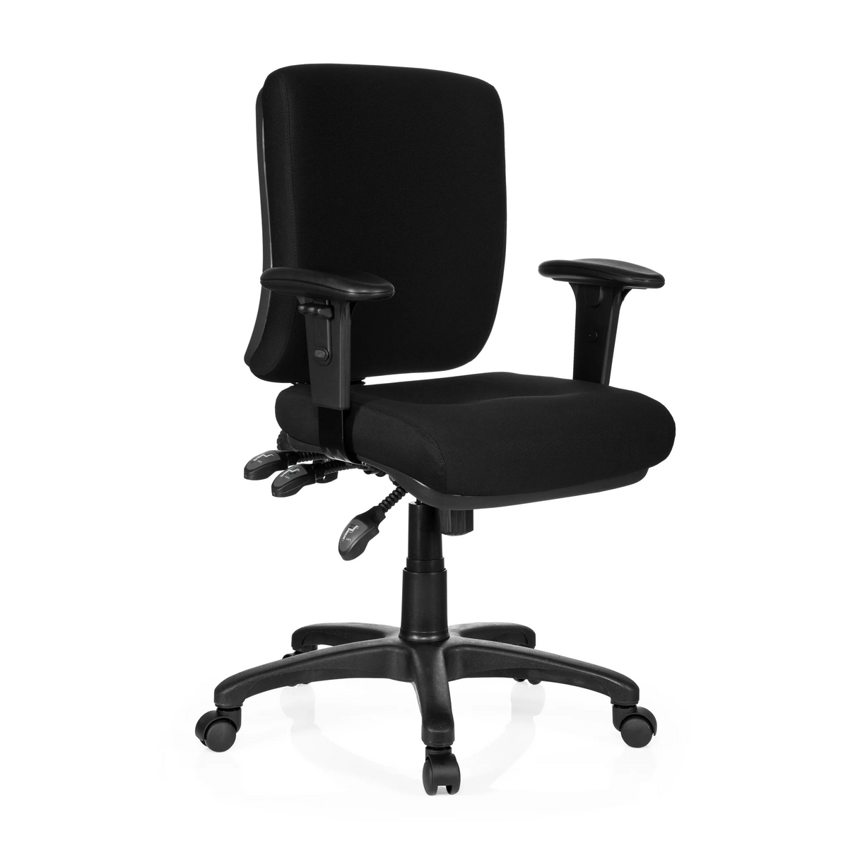 Silla de oficina profesional ZENIT BASE negra con reposabrazos y base de cinco ruedas de hjh OFFICE – vista de 360° (vista frontal en diagonal 40°)