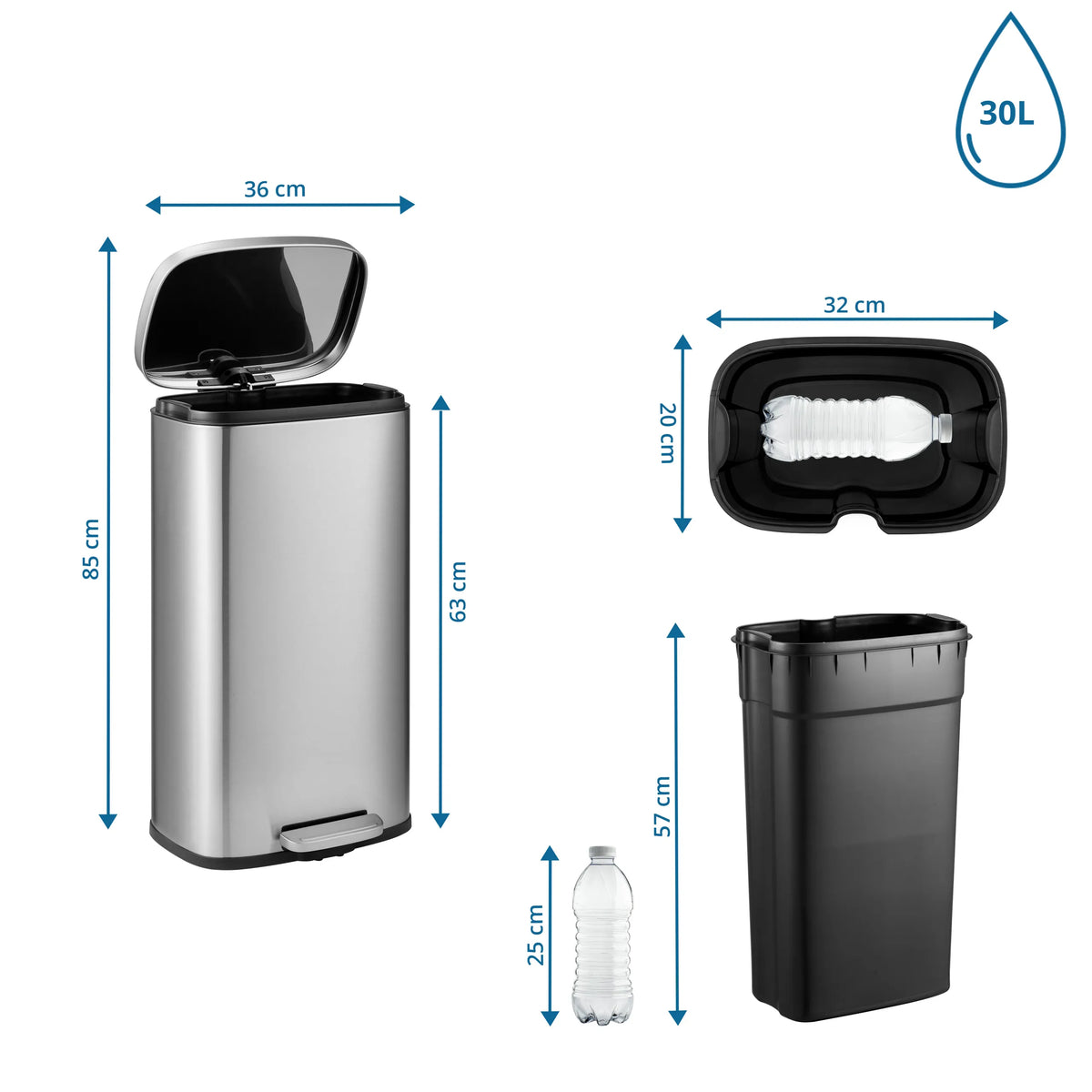 Dibujo dimensional de la Papelera Clean 15 con una altura de 85 cm y 30 litros de capacidad de hjh OFFICE