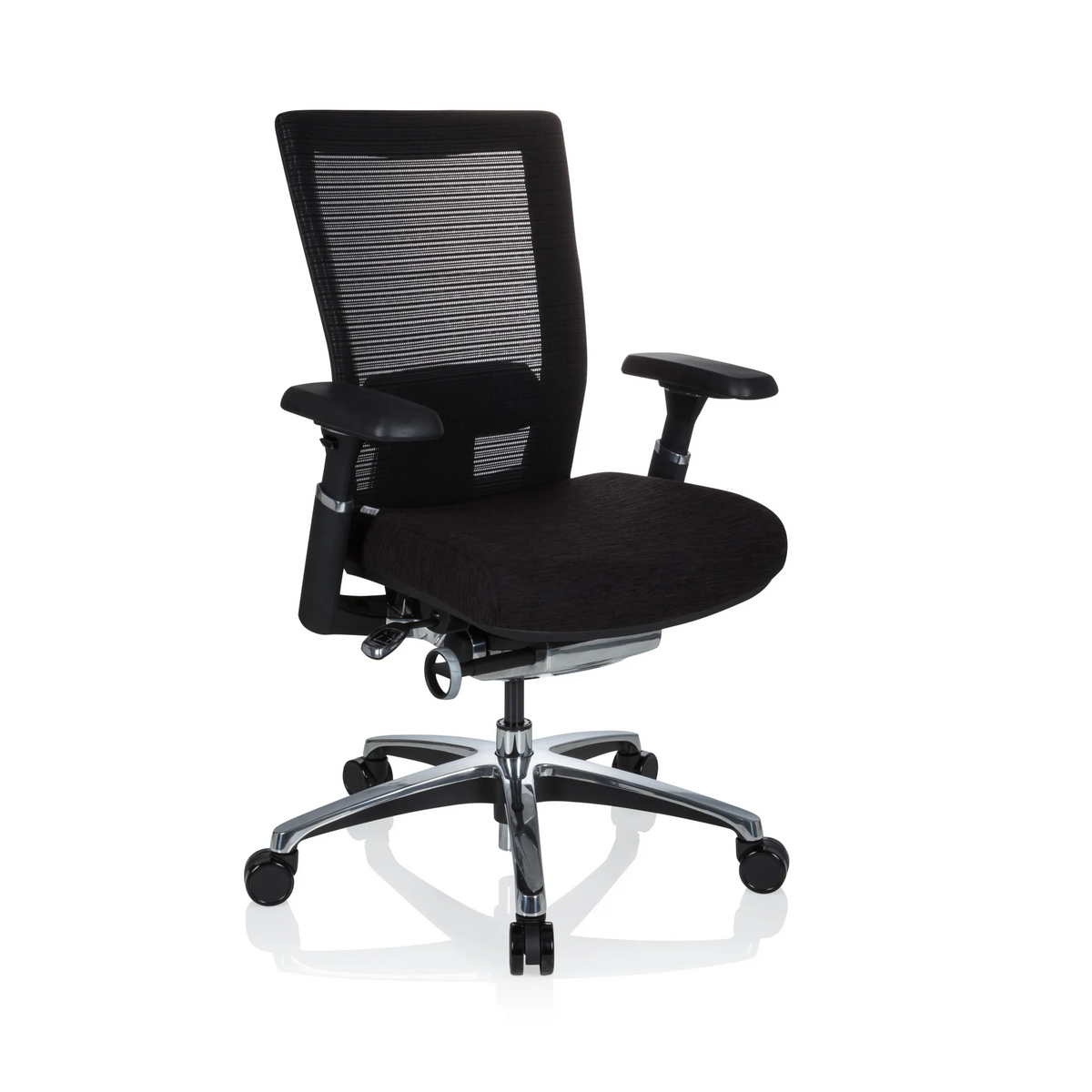 Silla alta gama NOVA PRO ALU negra con respaldo de malla y base de cinco ruedas de hjh OFFICE – vista de 360° (vista frontal en diagonal 40°)