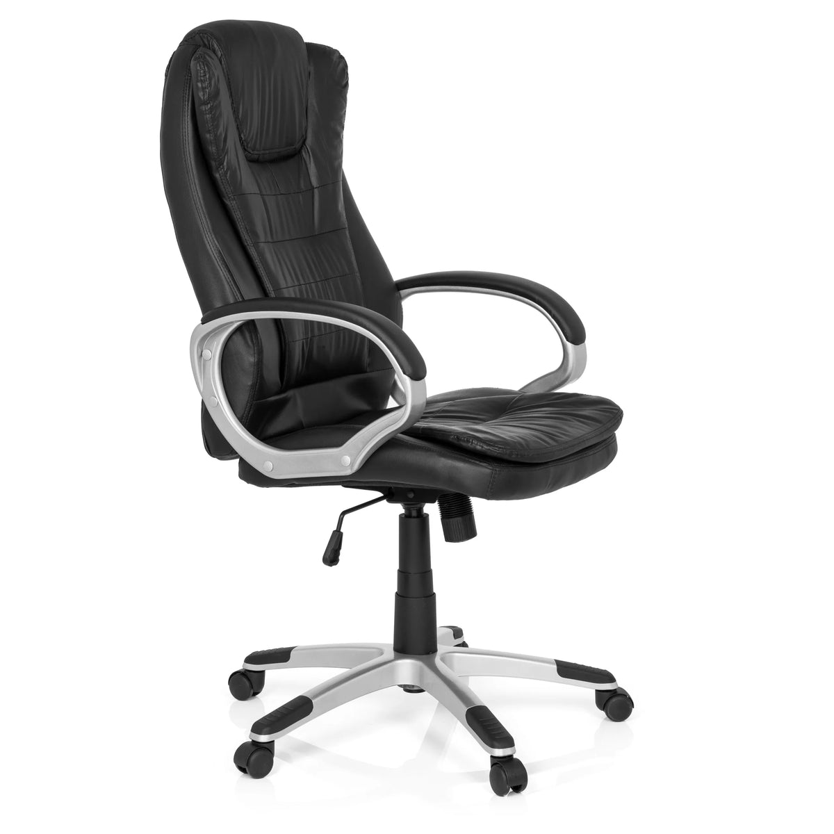 Silla gaming RELAX WB100 negra con respaldo acolchado y base de cinco ruedas de MyBuero – vista de 360° (vista frontal en diagonal 60°)